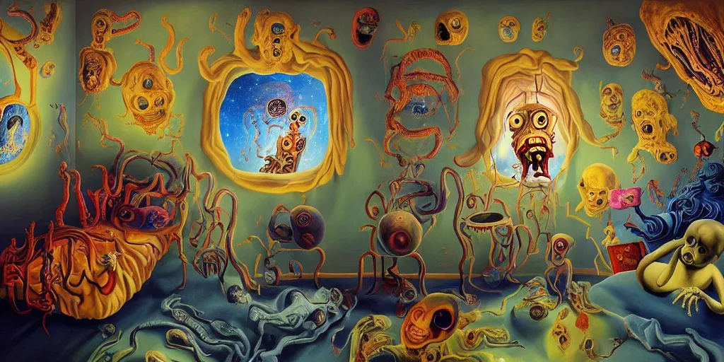 Image similar to a cosmic horror monstrosity inside of a childs bedroom, painting in the style of salvador dali, extremely detailed, disturbing, cinematic, 4 k, 8 k,