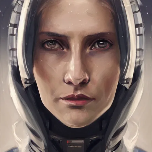 Image similar to portrait of a woman by greg rutkowski, she is about 3 0 years old, slavic, pretty, blond hair with two strans around her face, devastated expression, helplessness and denial, she is wearing a futuristic space gear, highly detailed portrait, digital painting, artstation, concept art, smooth, sharp foccus ilustration, artstation hq.