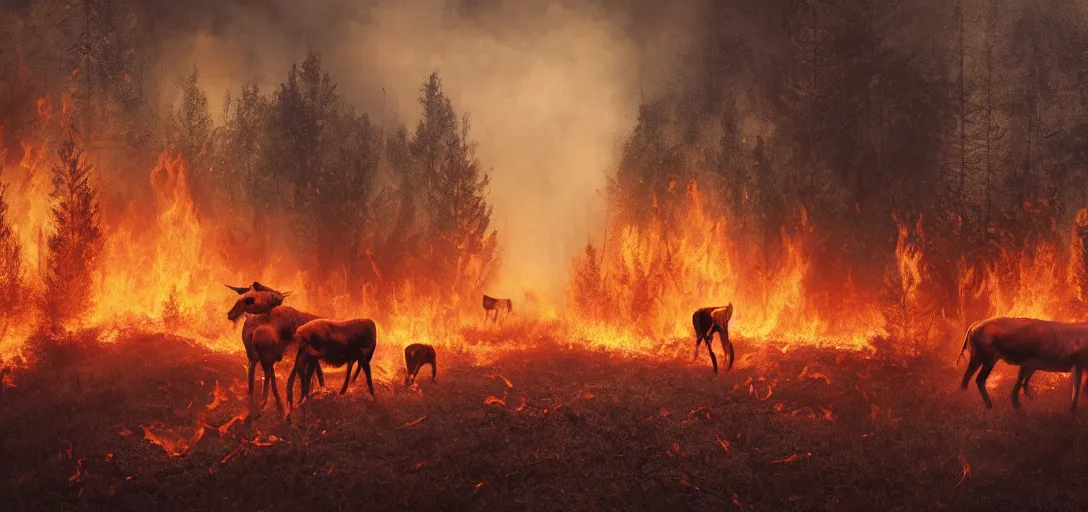 Image similar to full portrait of farm animals running from a forest fire, inferno, smoke, flames, dark, gloomy, horror, screaming, a small farm is burning in the distance, insanely detailed, photorealistic, cinematic, dramatic lighting,