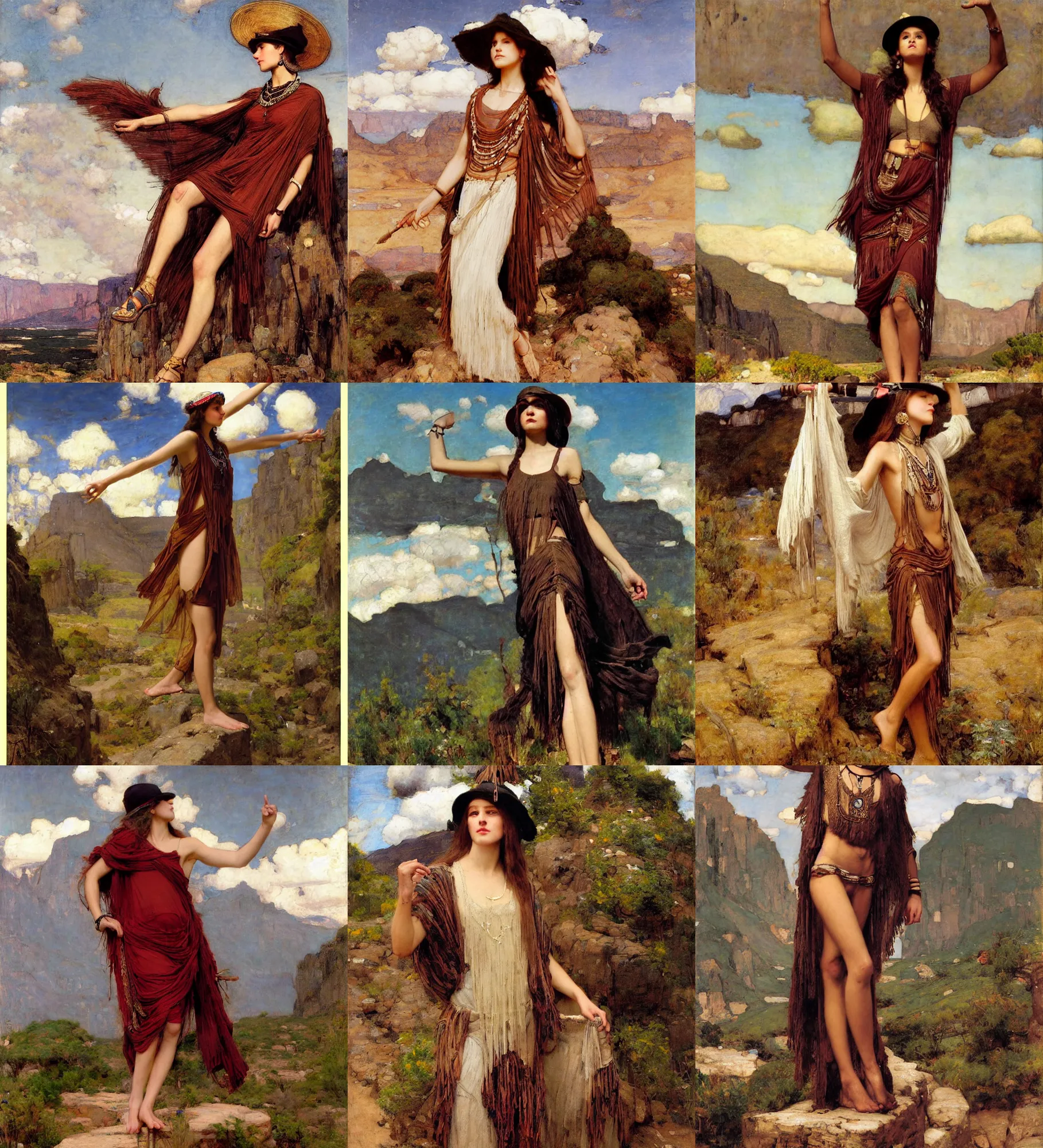 Prompt: portrait of fashionable young woman wearing rich jewerly hat and boho poncho and bikini in nature mountains and desert,thunder clouds in the sky, artwork by john william waterhouse and Edwin Longsden Long and Theodore Ralli and Henryk Siemiradzki, levitation, industrial rusty pipes, simple form, brutal shapes