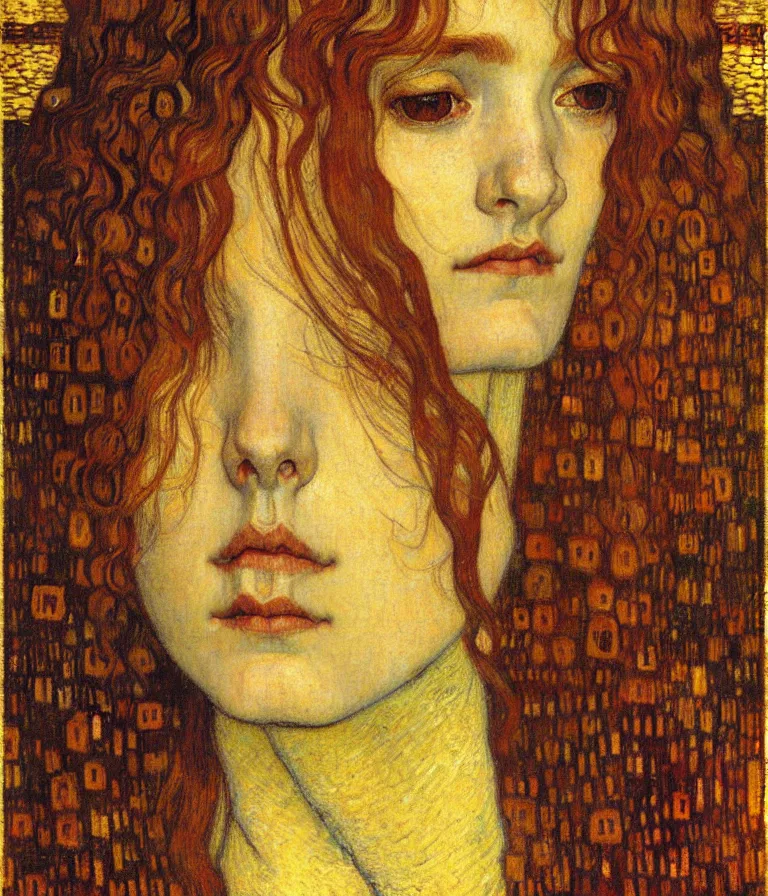 Image similar to detailed realistic beautiful young medieval queen face portrait by jean delville, gustav klimt and vincent van gogh, art nouveau, symbolist, visionary, gothic, pre - raphaelite, muted earthy colors, desaturated