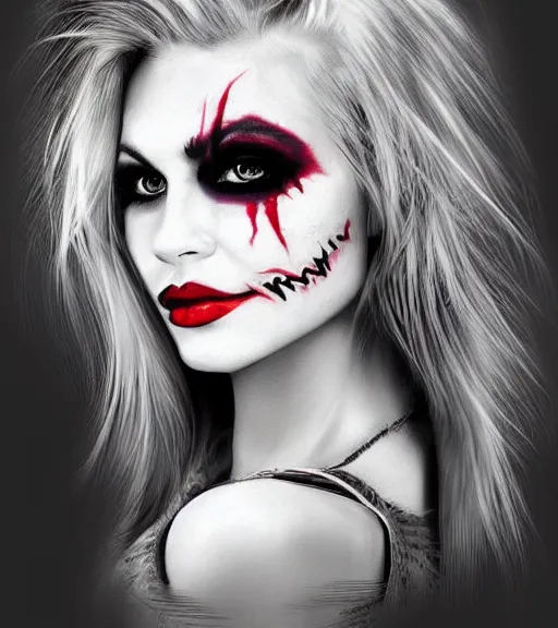 Prompt: ! dream tattoo design sketch of a beautiful blonde girl portrait with joker makeup, in the style of den yakovlev, realistic face, black and white, realism tattoo, hyper realistic, highly detailed