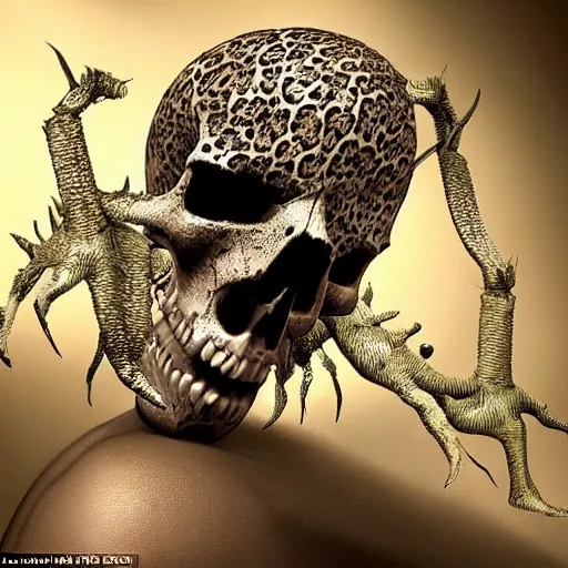 Image similar to Skull that look too much like skull!, I have likened evolution to a search through a very large space of possible organism characteristics!!, an 8k CG character rendering of a spider-like hunting female on its back, fangs extended, wearing a leopard-patterned dress, set against a white background, with textured hair and skin.