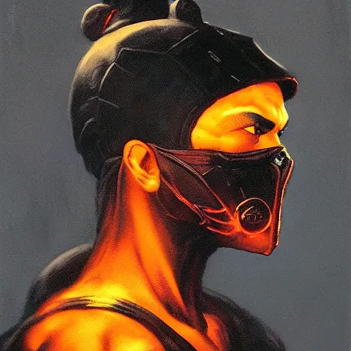 Image similar to a dark and colorful close - up side profile portrait of a mortal kombat chraracter with led lights glowing fog in the background. highly detailed science fiction painting by norman rockwell, frank frazetta, and syd mead. rich colors, high contrast, gloomy atmosphere, dark background. trending on artstation