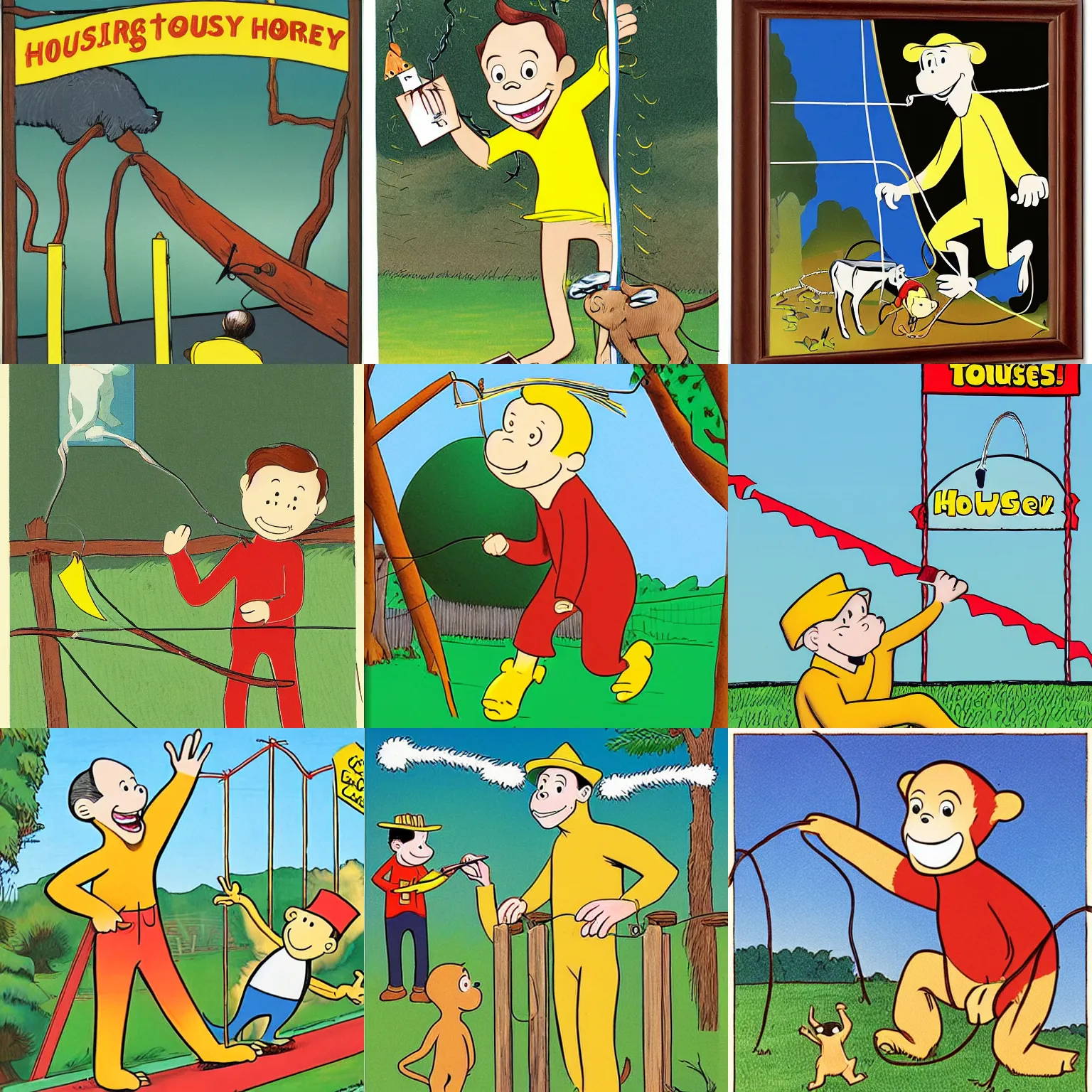 Prompt: an absurd illustration of curious george toucing an electric fence by h. a. rey