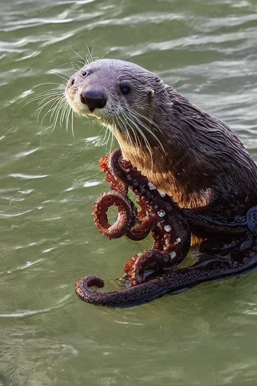 Prompt: a medium shot wildlife photograph of an otter hybridised with an octopus, many suckered tentacles. hybrid, david attenborough, detailed.