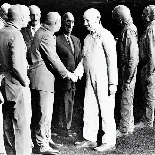 Prompt: historic footage of the first alien encounter in roswell, handshake between president and aliens, hyperrealistic, detailed, grainy