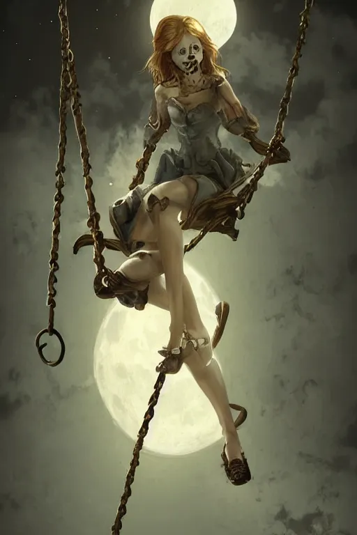 Image similar to undead girl swinging on a swing attached to the moon, highly detailed, artstation,