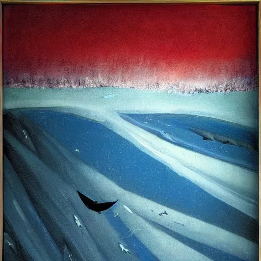 Image similar to the epic abstract painting'blue arctic void with black and red aurora borealis above a pod of humpback whales ', by caspar david friedrich!!!, by rothko!!!, stunning masterpiece, trending on artstation