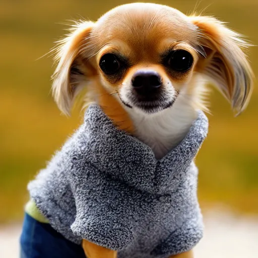 Image similar to a cute chihuahua wearing a fuzzy sweater, high resolution photo