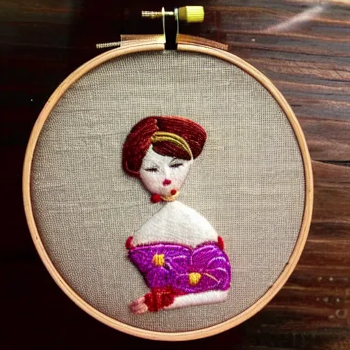 Image similar to a tiny beautiful handmade embroidery of a woman. hand embroidery.