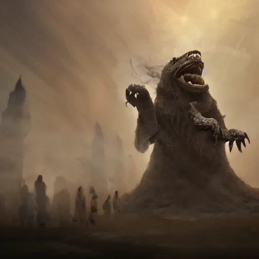 Prompt: Giant smoke monster with large teeth coming out of the ground, thick swirling smoke, mist, air particles, sandstorm, dramatic lighting, Byzantine ruins, surrounded by priests, worshipers, desert, cinematic, trending on artstation