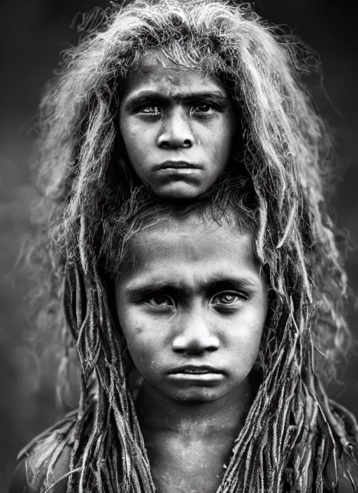 Image similar to Award winning Editorial photo of a Native Nauruans with incredible hair and beautiful hyper-detailed eyes wearing traditional garb by Lee Jeffries, 85mm ND 5, perfect lighting, gelatin silver process