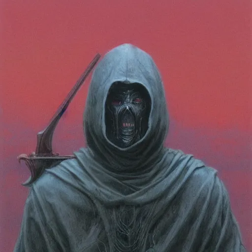 Prompt: The faceless god of chaos in a hood with a scarlet scythe dark fantasy, intricate, smooth, artstation, painted by Wayne Barlowe, zdislav beksinski