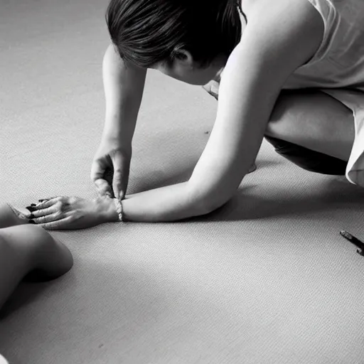 Image similar to woman getting tattoo traditional japanese on floor with old man tattooing photorealistic high detail