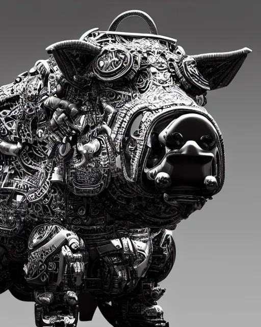 Image similar to a full body shot of an imposing cyborg pig modeled after a bull looking into the camera, contrast lighting, black skin!!!, intricate pattern, hard rubber chest, highly detailed, cyborg, full body shot, intricate, 3 d, symmetrical, octane render, fantasy, highly detailed, digital art, artstation, strong bokeh, black face, leering