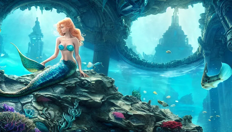 Prompt: a beautiful mermaid looking at the sunken city of Atlantis under water, rays of sunlight, stunning grand architecture, fish and sea creatures in background, art by Anna Dittmann, 8k octane beautifully detailed render, post-processing, extremely hyperdetailed, intricate, epic composition, grim yet sparkling atmosphere, cinematic lighting + masterpiece, trending on artstation, very detailed, vibrant colors, Art Nouveau, volumetric god rays, deep underwater scene, sharp focus, smooth, dizzy, moody