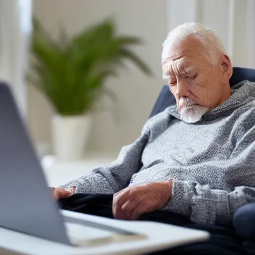 Image similar to elderly man sitting inside a casket browsing internet on laptop from a casket casket