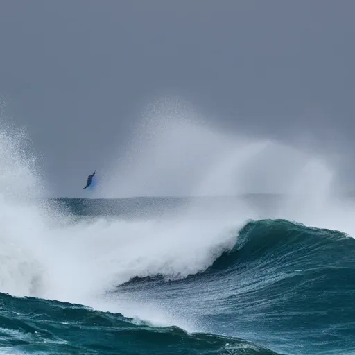 Prompt: the last man standing is hip deep in wild ocean waves