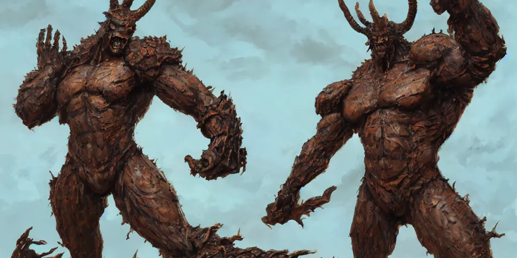 Image similar to Rusty Bronze four armed statue like colossus, character design sheet, Monster Hunter Illustrations art book, giant, trees growing on its body, enormous hands, long limbs, horns on its head, bright pale blue eyes, Moebius, Greg Rutkowski, Zabrocki, Karlkka, Jayison Devadas, Phuoc Quan, trending on Artstation, 8K, ultra wide angle, zenith view, pincushion lens effect.