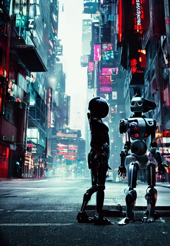 Prompt: a sad photograph two evil robots point each other, large shot, wide shot, in a street, cyberpunk photo,