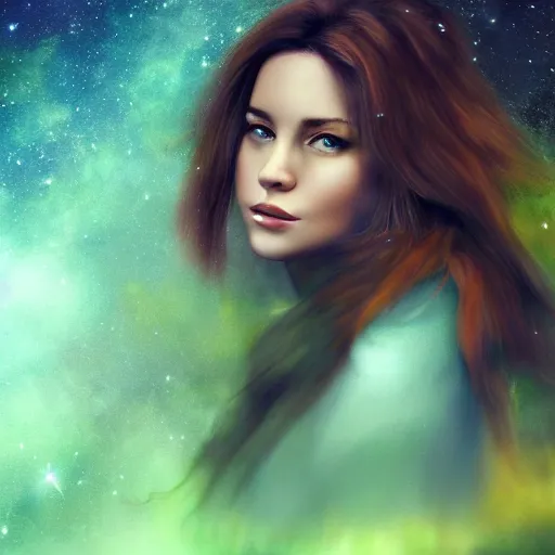 Image similar to an hd photo of a young woman with medium brown hair and green eyes. background of beautiful trees and night sky with colorful stars and galaxies, trending on artstation