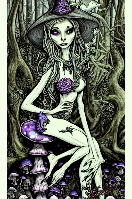 Prompt: a beautiful witch sitting on a toadstool in a forest, skulls and mushrooms, fantasy graphic novel style, by wendy pini, intricate, very fine inking lines, extremely detailed, 4k, hd