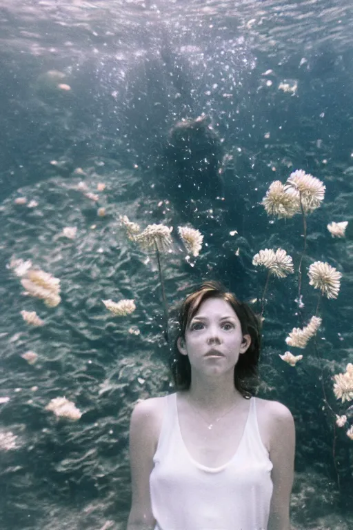 Prompt: film still, underwater view of young woman face with flowers from behind , 35mm