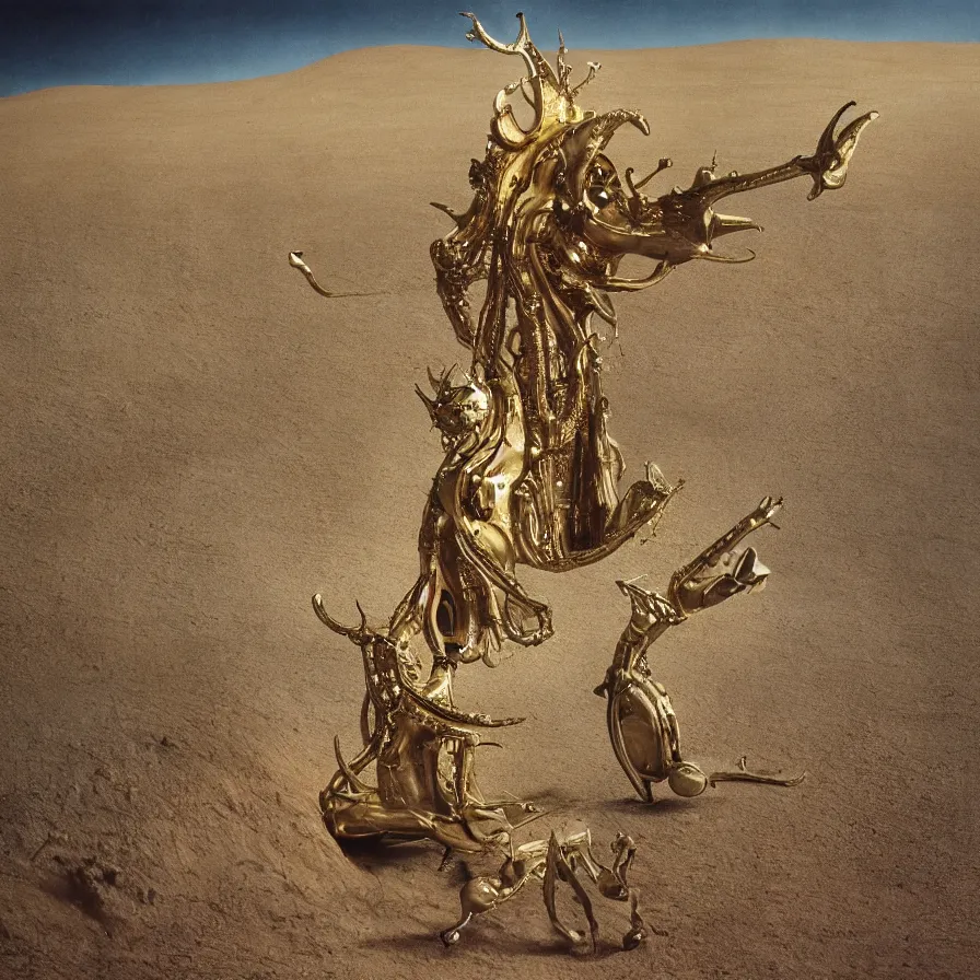 Prompt: portrait of salvador dali wearing a golden horned crown and jewels in a dry sand desert landscape, alien spaceship by giger in the landscape, film still from the movie by alejandro jodorowsky with cinematogrophy of christopher doyle and art direction by hans giger, anamorphic lens, kodakchrome, very detailed photo, 8 k