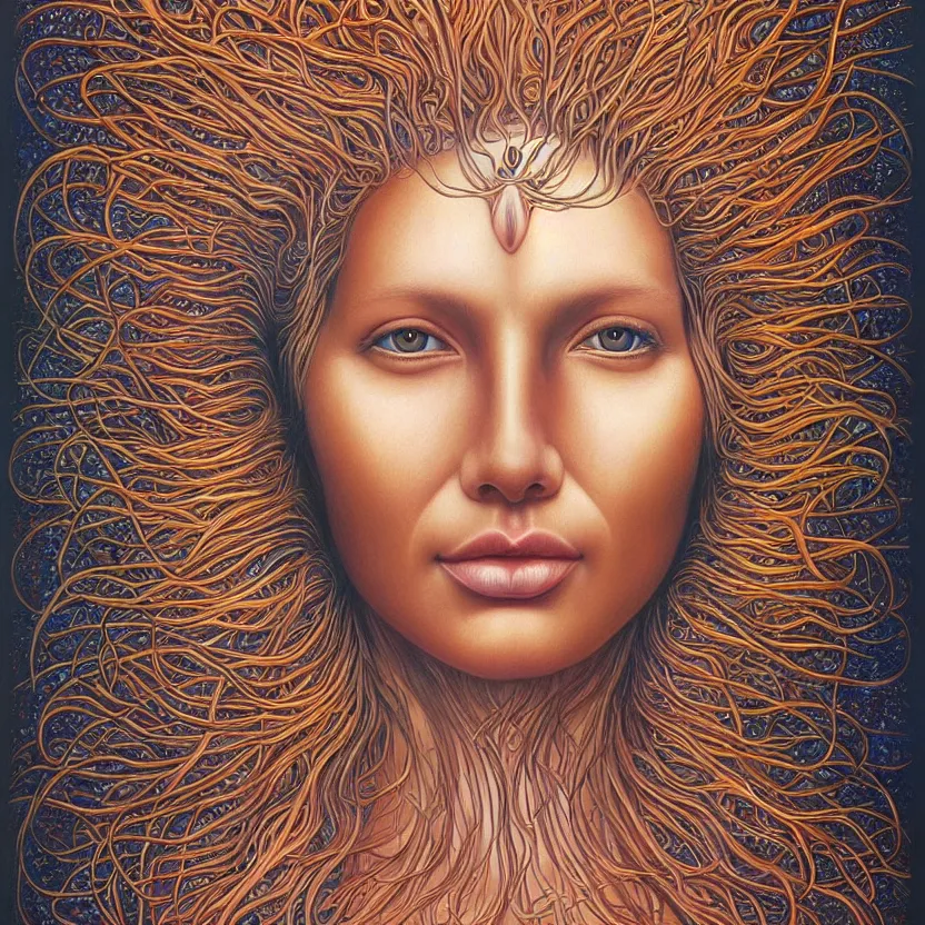 Image similar to perfectly centered portrait front view of a beautiful mushroom goddess, flowing hair, intense stare, sweet smile, symmetrical, volumetric shadows and lighting, realistic oil painting by alex grey,