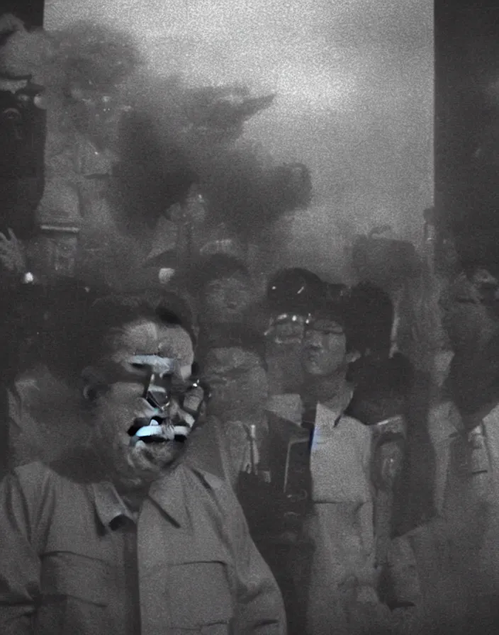 Image similar to very low - resolution found footage of kim jong - il and a starfish kaiju monster, fog, foggy, korean film noir, monochrome, red hue, thriller, underdeveloped, epic, dramatic