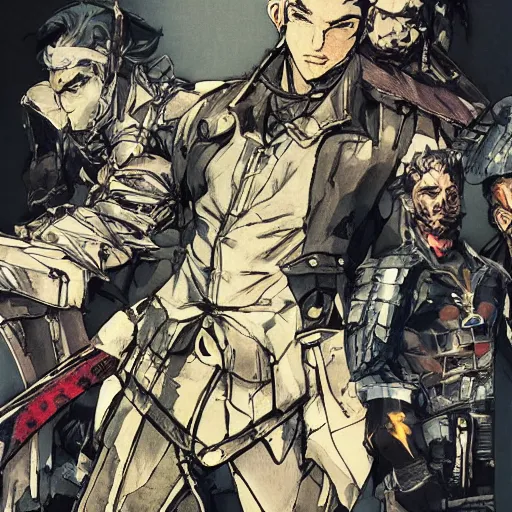 Image similar to hero sitting on a chair holding a sword on his back, looking at a army in the background illustrated by yoji shinkawa, pencil art, extra detail, dynamic, colored, blood, metal swords, sharp lines, textures, cyberpunk, handsome face