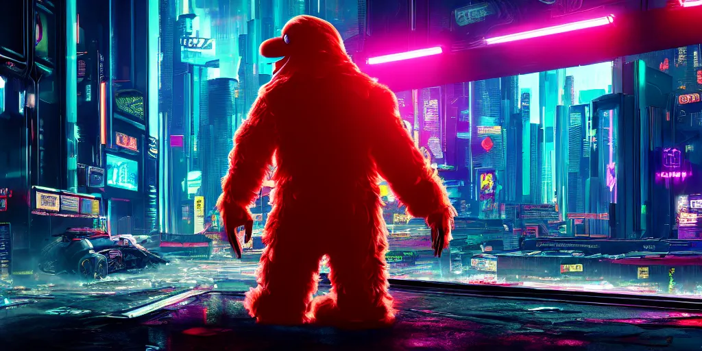 Prompt: elmo!! in cyberpunk 2 0 7 7 night city wallpaper rendering, digital art