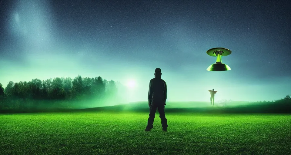 Image similar to Alien UFO abducting man in the middle of a field at night, atmospheric, illuminated by green tractor beam, cinematic landscape