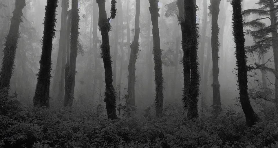 Image similar to deep inside the forest, fog, mist, moss, ferns, by ansel adams, polaroid