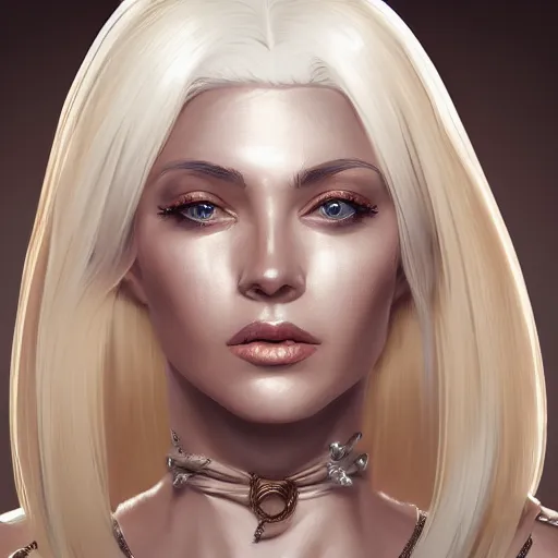 Prompt: a painting of a woman with white hair, golden machinery, a character portrait by pogus caesar, featured on cgsociety, photorealism, detailed painting, artstation hd, ultra detailed