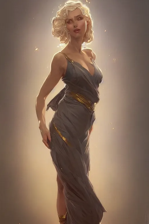 Image similar to a girl wearing a golden dress, grey hair, red necktie, cinematic, stunning, highly detailed, digital painting, artstation, smooth, hard focus, full body shot, illustration, art by artgerm and greg rutkowski and alphonse mucha