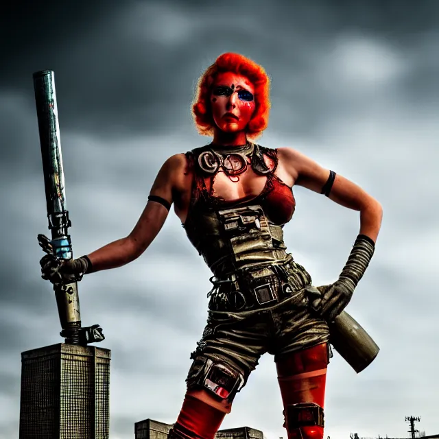 Image similar to full length photo of a very beautiful female atompunk warrior, 8 k, hdr, smooth, sharp focus, high resolution, award - winning photo