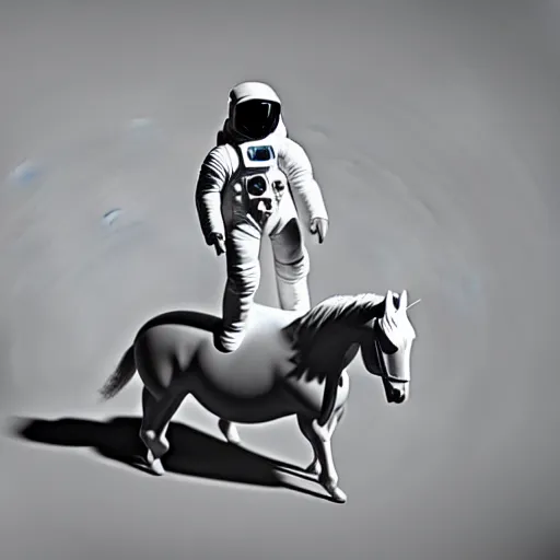 Image similar to an astronaut standing on the ground and a small trippy aggressive centaur standing on that poor human being standing on all fours astronaut raising his arms up, the horse is on his shoulders and grabbing them, minimalist style, 3 d render, isometry