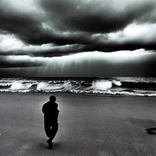 Prompt: man running from the stormy clouds by Trent Parke, clean, detailed, Magnum photos