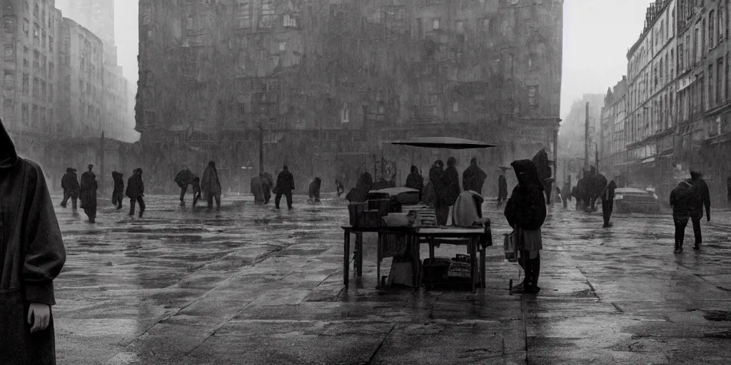 Image similar to medium shot | sadie sink in hoodie | lonely market stall selling umbrellas | in ruined square, pedestrians on both sides | steampunk tenement windows in background : 3 5 mm film, anamorphic, from schindler's list by steven spielberg. cyberpunk, cinematic atmosphere, detailed and intricate, perfect anatomy