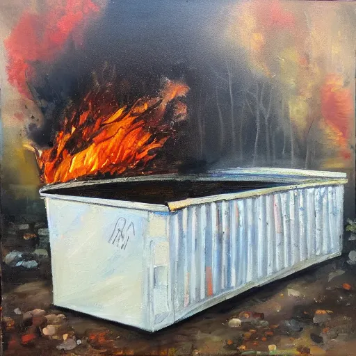 Image similar to a dumpster on fire, raccoons running around, high art, oil painting