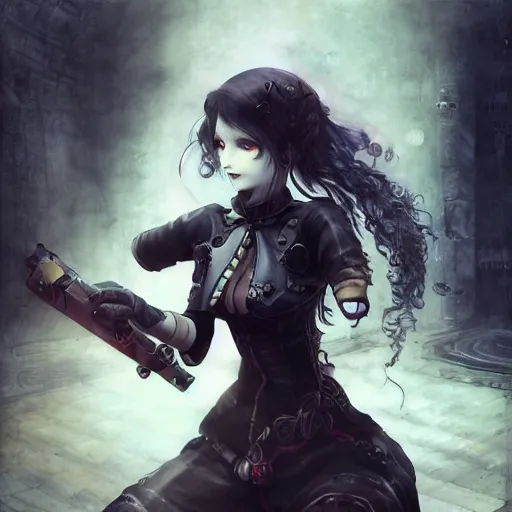 Image similar to goth woman playing videogames, tankoban, 4 k, tone mapping, akihiko yoshida, james jean andrei riabovitchev marc simonetti, yoshitaka amano, long hair, curly, h. hydrochaeri