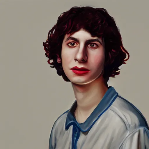 Prompt: a portrait of finn wolfhard as a drone, red, oil painting, pale colors, high detail, 8 k, wide angle, trending on artstation,