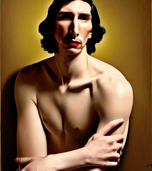 Prompt: a high fashion portrait of adam driver by jon whitcomb and gil elvgren and albrecht anker and sydney prior hall, hyperrealism