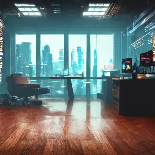 Prompt: cyberpunk apartment computers taken apart moody lighting wood flooring view of bladerunner2049 cityscape