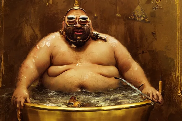 Image similar to Hairy fat dwarf bathing in a gold tub and smoking a cigar, futuristic neon, decorated with traditional Japanese ornaments by Ismail inceoglu dragan bibin hans thoma greg rutkowski Alexandros Pyromallis Nekro Rene Maritte Illustrated, Perfect face, fine details, realistic shaded, fine-face, pretty face
