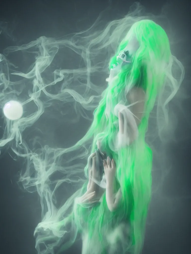 Prompt: cute fumo plush smiling ectoplasmic gothic macabre green jellyfish ghost girl, glowing milky wisps of hazy smoke and volumetric fog, lens flare, vignette, bokeh, refraction, vray