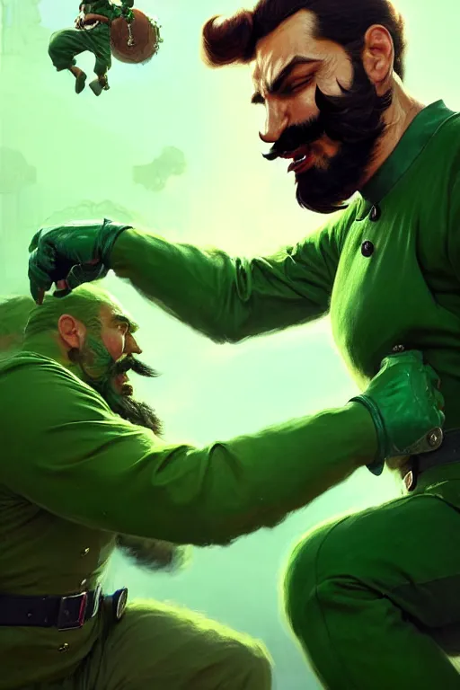 Image similar to gigachad luigi fighting like ernest khalimov in a green suit with a beard, fantasy character portrait, ultra realistic, full body concept art, intricate details, highly detailed by greg rutkowski, ilya kuvshinov, gaston bussiere, craig mullins, simon bisley