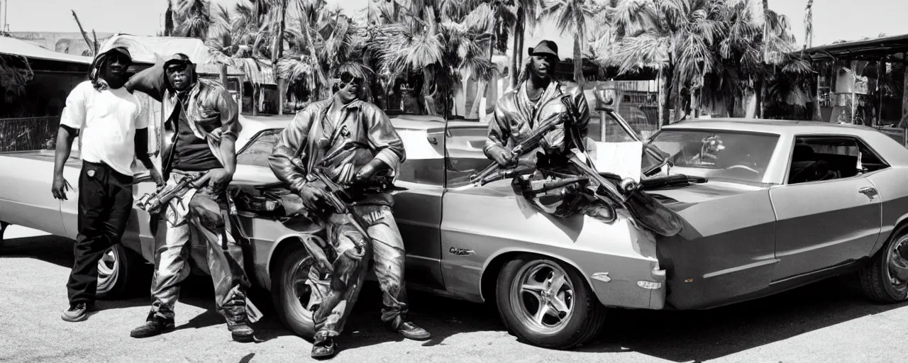 Image similar to gangsta boasting with cash and guns in front of a muscle car